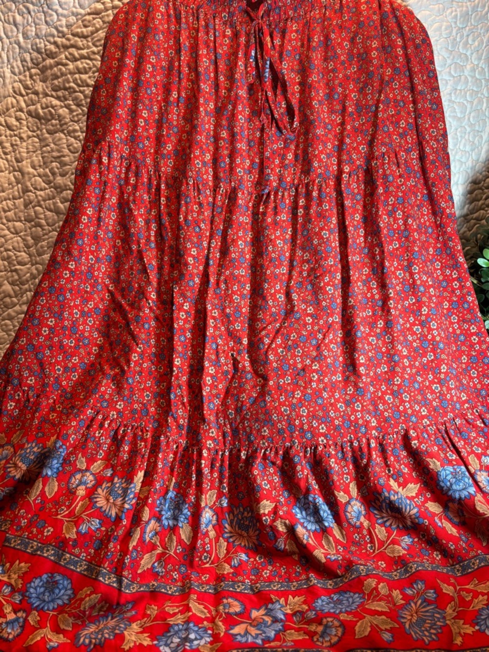 Bohemian Red Floral Tiered Maxi Skirt with Smocked Waist